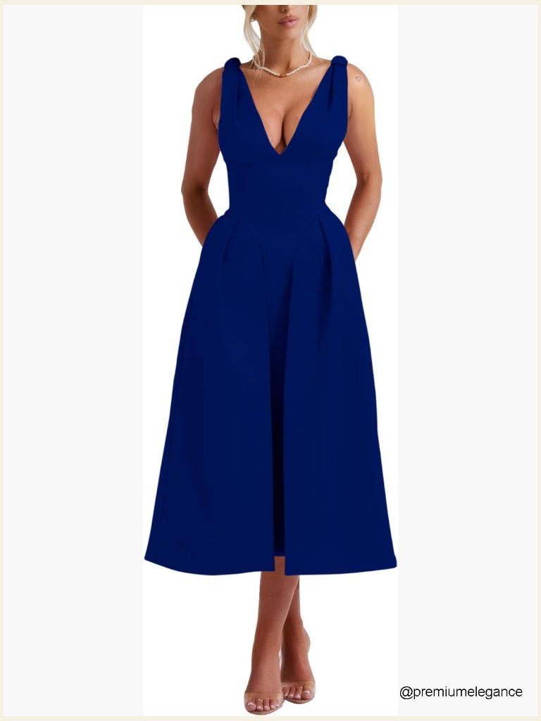 Sleeveless Deep V Neck A-Line Swing Maxi Dress - Vintage Cocktail Party